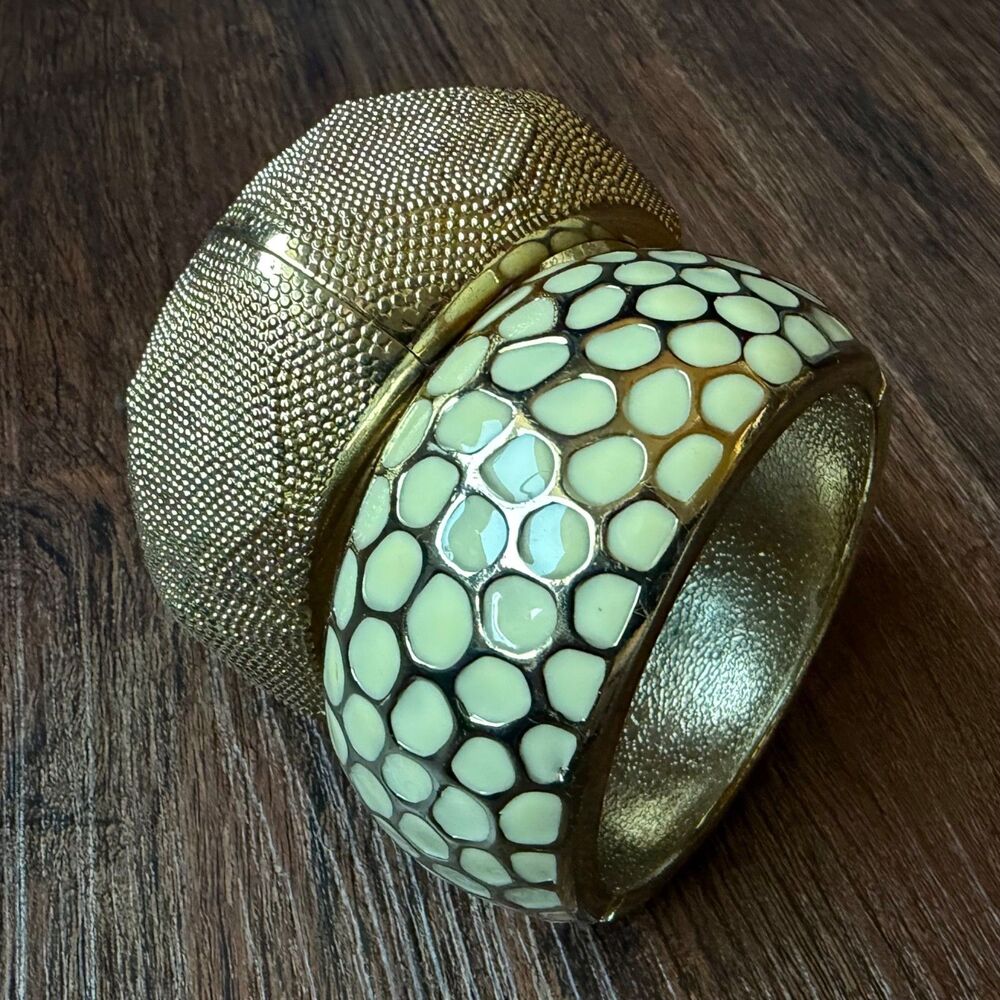 Two Vintage Gold Tone Bangle Bracelets White Enamel Pattern & Faceted Textured